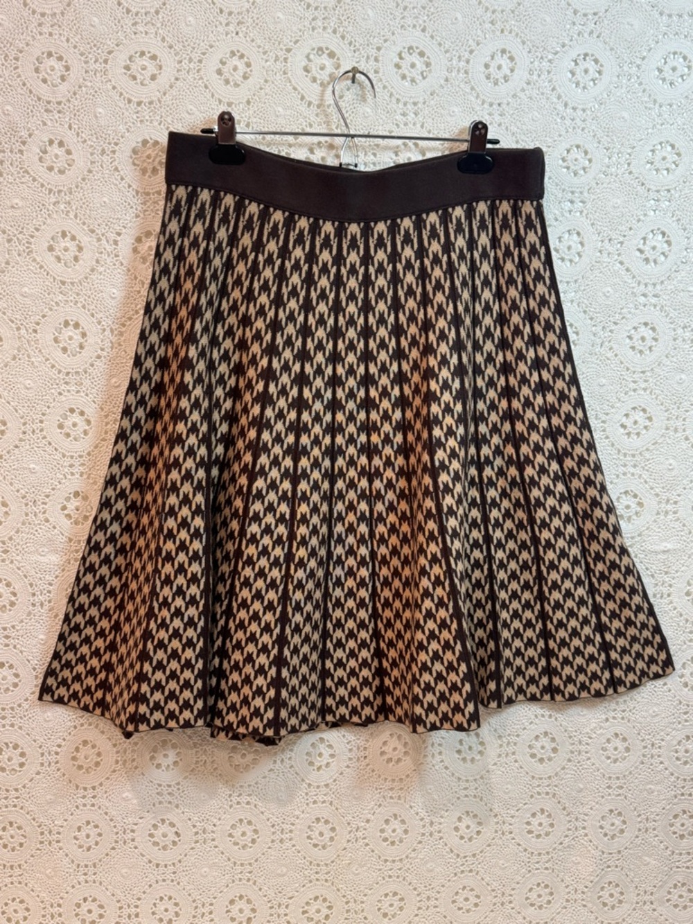 Dark Academia Twee Petite XL Brown & Cream Houndstooth Midi Circle Skater Skirt
